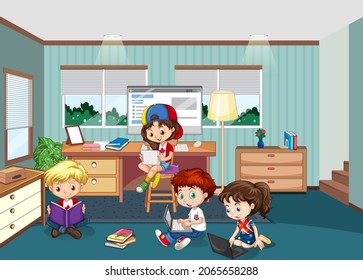 Children doing their homeworks at home illustration