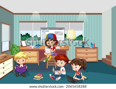 Children doing their homeworks at home illustration