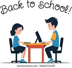 The children are doing their homework.Vector illustration with a boy and a girl doing school lessons.