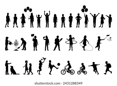 Children doing various activities in row vector black silhouette set collection.	