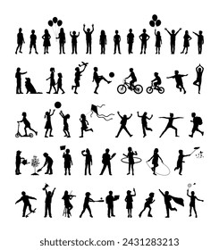 Children doing various activities and sports outdoors vector silhouette set collection.	