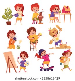 Children doing various creative hobbies like gardening painting and skateboarding isolated vector illustration