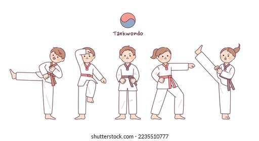 Children doing various movements of Taekwondo.