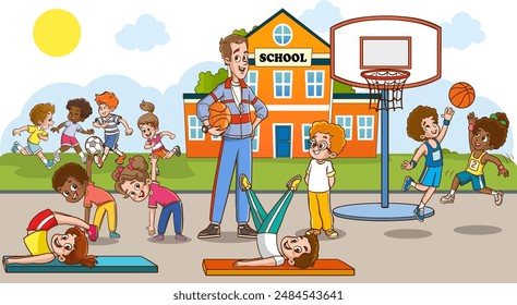 Niños practicando varios deportes en la clase de educación física en la escuela. Ilustración vectorial de niños que hacen ejercicio en clase de educación física con su maestro.