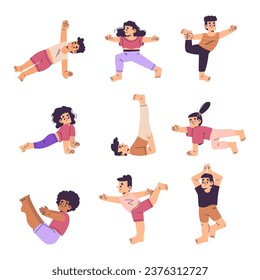 Children Doing Yoga Exercise Standing in Asana Vector Set