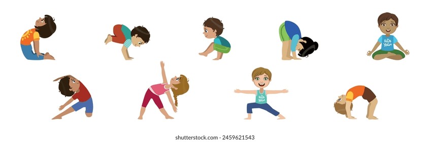 Kinder, die Yoga-Übungen in verschiedenen Asana-Vektorgrafiken machen