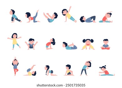 Children doing yoga. Pilates workout, kids sport training. Child stang different asana, kindergarten sporty lesson. Flat activity recent vector set