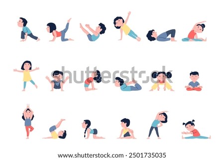 Children doing yoga. Pilates workout, kids sport training. Child stang different asana, kindergarten sporty lesson. Flat activity recent vector set