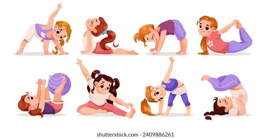 Children Doing Yoga Standing in Asana Vector Set