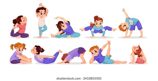 Children Doing Yoga Standing in Asana Vector Set