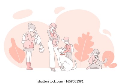 Children with domestic animals vector cartoon illustration. Happy boys and girls holding and playing with pets, dog, cats and raccoon. Friendly pets with their owners outline concept.