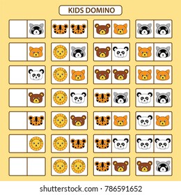 Children domino set with animals drawings. Children educational game. Printable activity, board game. Vector illustration