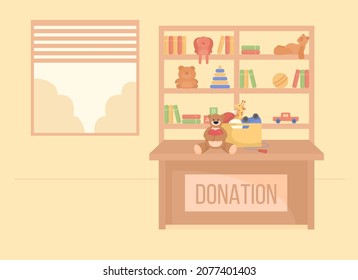 Children Donations Center Flat Color Vector Illustration. Social Welfare To Support Childcare. Charity Organization 2D Cartoon Interior With Shelves With Contribution To Poor On Background