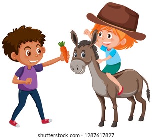 Children and donkey character illustration