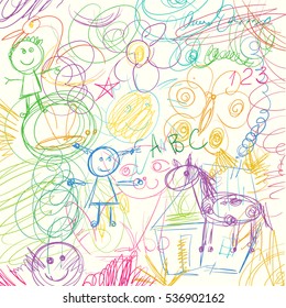 Children doodle. Colored pencils scribbles made by a little kid. Vector illustration