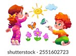 Children doodle crayon on wall in kindergarten. School kid character play and scribble flower, sun and butterfly picture. Cute toddler childhood painting isolated template. Creative preschool sketch