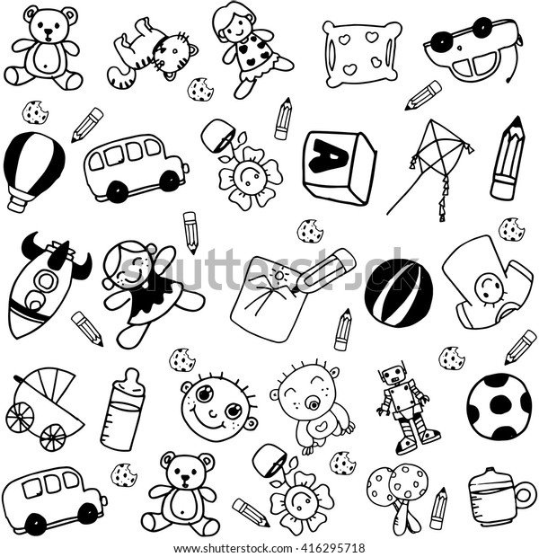 Children Doodle Funny Black White Background Stock Vector (Royalty Free ...