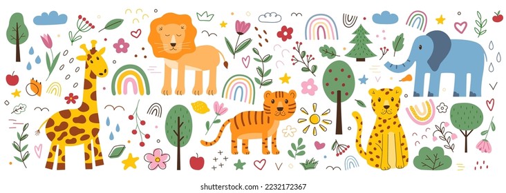 Children doodle pattern. Animals and flower plants. Childish tiger. Geometric tree drawing. Lion and leopard. Scandinavian elements set. Rainbow and giraffe. Vector colorful utter design