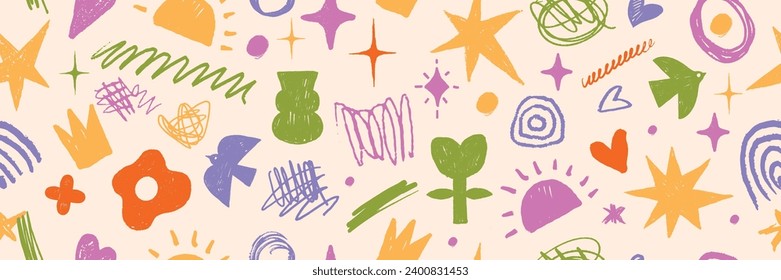 Children doodle seamless pattern, vector cute childish background print, kids funny naive texture. Cartoon hand drawn scribble shapes, flowers, stars freehand squiggle. Wax crayon children doodle