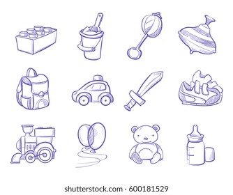 Children doodle toys and dolls, vector sketch collection. Children backpack and sneakers, sword and bottle of milk, illustration of pinwheel and constructor for children