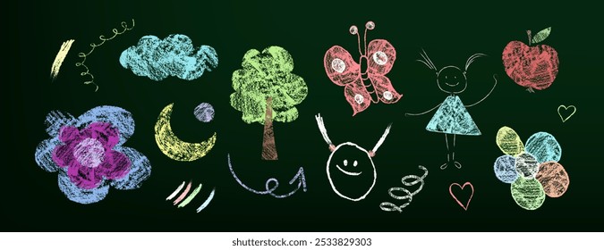 Children doodles with chalk and crayon texture. Colorful hand drawn kids cute elements - cloud and flower, butterfly and child girl, apple and tree. Vector set of childish creativity and art.