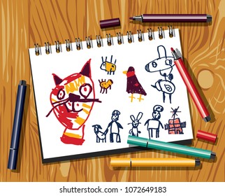 Children doodles draw cat felt pen paper and wood background.
