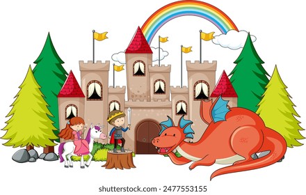 Children and dragon in a magical castle scene