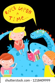 Children and Dragon Reading Book at Night. Fairy tale dragon reading a book to kids in darkness.