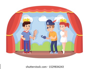 Children Drama Club Flat Vector Illustration. School Play. Young Theatre Troupe. Extracurricular Activities. Development Of Acting Skills. Kids Acting Performance On Stage Cartoon Characters