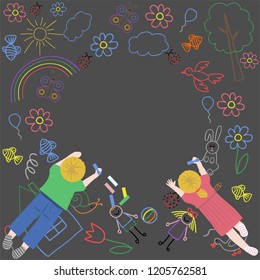 Children draw with crayons on the asphalt. Background, picture.  vector illustration.
