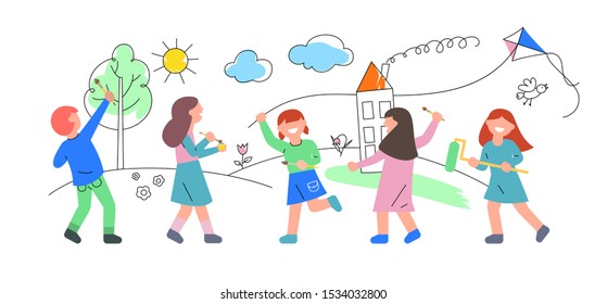 Children draw. Flat illustration with children, sun and clouds, tree and flowers, house, bird and kite. Training in drawing. Earth Day, greeting on Mother's Day and Children's Day.