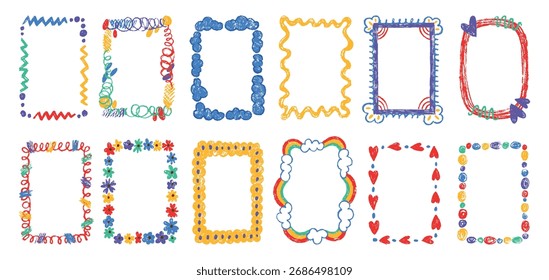 As crianças desenham quadros. Esboço quadro vazio rabisco para fotos, diploma, certificado. Design de doodle simples com nuvens, arco-íris, conjunto de vetor neotérico