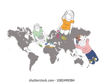 children draw a map of the Earth with colored pencils. vector illustration.