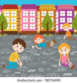 children draw on asphalt  - vector illustration, eps
