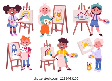 Children draw on easel flat icons set. Cute cartoon kids drawing pictures. Art therapy. Girl and boy with paintbrush, paint palette, artboard. Color isolated illustrations