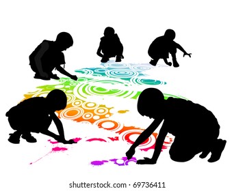 children draw on the floor by chalk