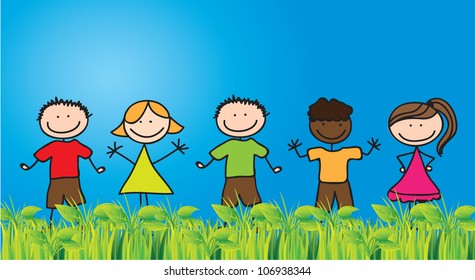 Children draw on grass with blue sky background, Vector