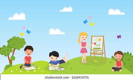 Children draw on nature meadow vector illustration. Boys and girls paint standing and lying on grass field. Group of children, art class, kindergarten or school creative open air lesson.