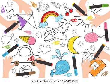Los niños dibujan en papel - Ilustración vectorial, EPS