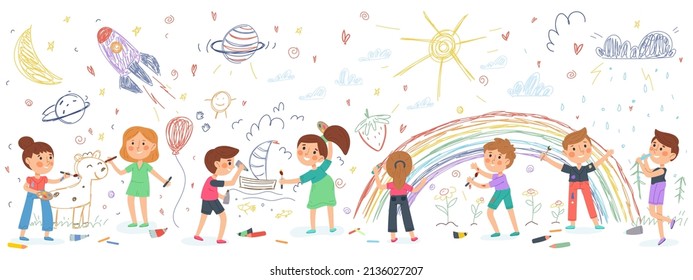 Children draw on wall, kids kindergarten art creative activity. Preschool girls and boys drawing characters vector illustration. Creative children draw picture, drawing in kindergarten