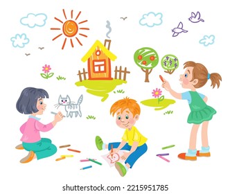 Los niños dibujan en la pared. Dos niñas y un niño con lápices de colores y tiza. Al estilo de las caricaturas. Aislado sobre fondo blanco. Ilustración plana del vector