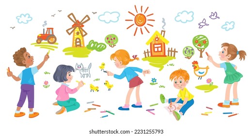 Los niños dibujan una imagen del mundo en la pared. Tres niñas y dos niños con lápices de colores y tiza. Al estilo de las caricaturas. Aislado sobre fondo blanco. Ilustración plana del vector