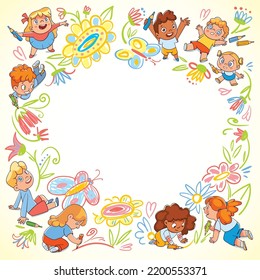 Los niños dibujan garabatos en el suelo con lápices de colores. Plantilla para niños para tu diseño. Personajes de dibujos animados coloridos. Graciosa ilustración vectorial. Aislado sobre fondo blanco