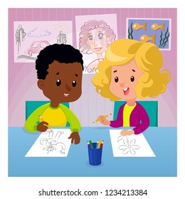Children draw at the table with colored pencils. Drawing lesson with boy and girl cartoon vector illustration concept. Flat style graphic design. Cute kids learning at the drawing-room.
