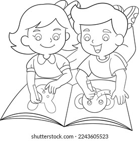 Niños Dibujando Actividad Divertida Juntos Vector Blanco Negro Coloración Línea Arte