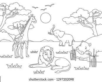 Children drawing. Animals of Africa, mainland mammals, zoo Vector illustration Coloring, black and white coloring.