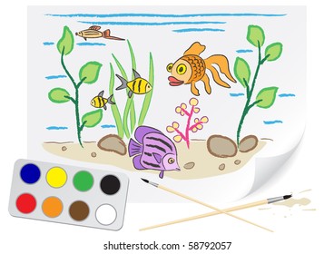 Children drawing the aquarium a brush paints on a paper