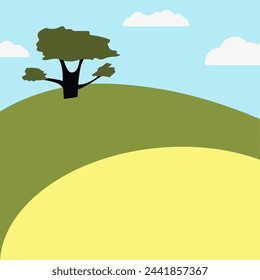 Children drawing with baobab and summer landscape. Simple child art in Minimal style. Vector illustration can used postcard card cover template. EPS 10 