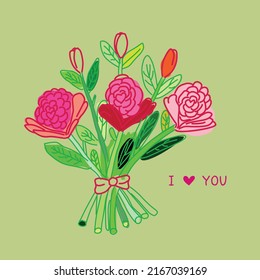 children drawing bouquet of pink roses on green background