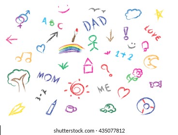 Children Drawing by Multicolored Chalk colors symbols set